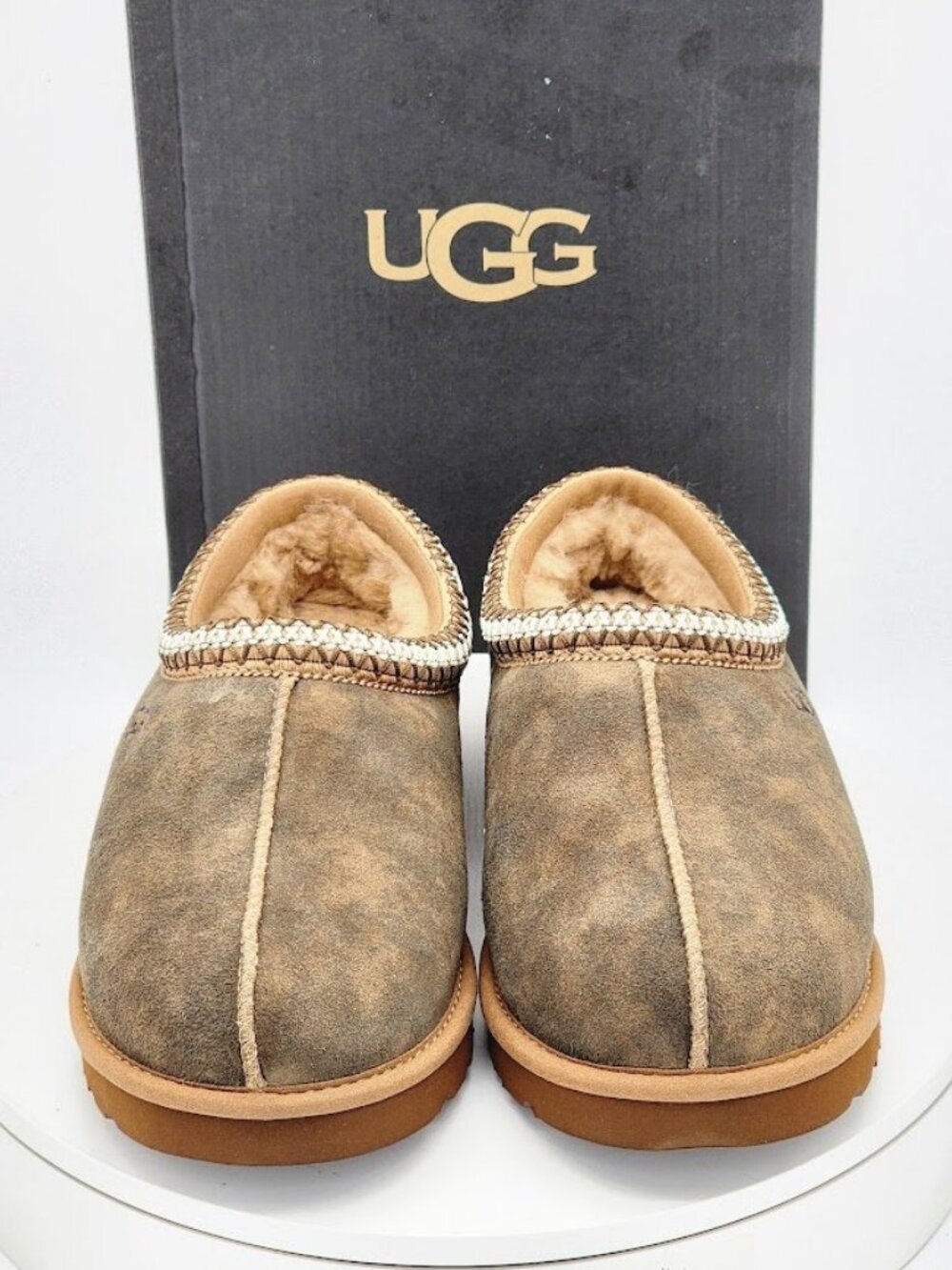 UGG Tasman Baxter Slippers Men’s Size 9 Chestnut Suede Shearling Clog - Picture 2 of 12